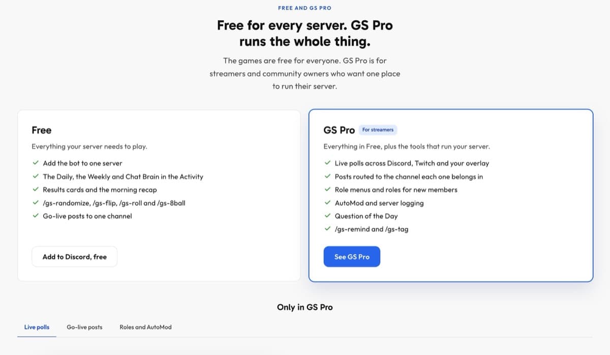 GameShuffle Free and GS Pro plans side by side