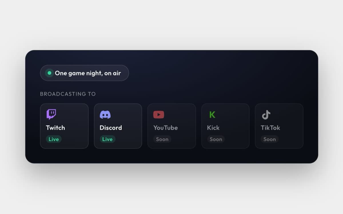 Broadcast panel showing one game night live on Twitch and Discord