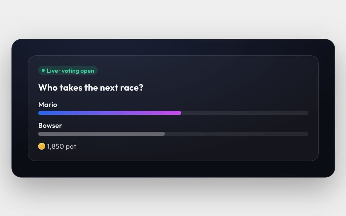 A live prediction market where chat bets tokens on the next race