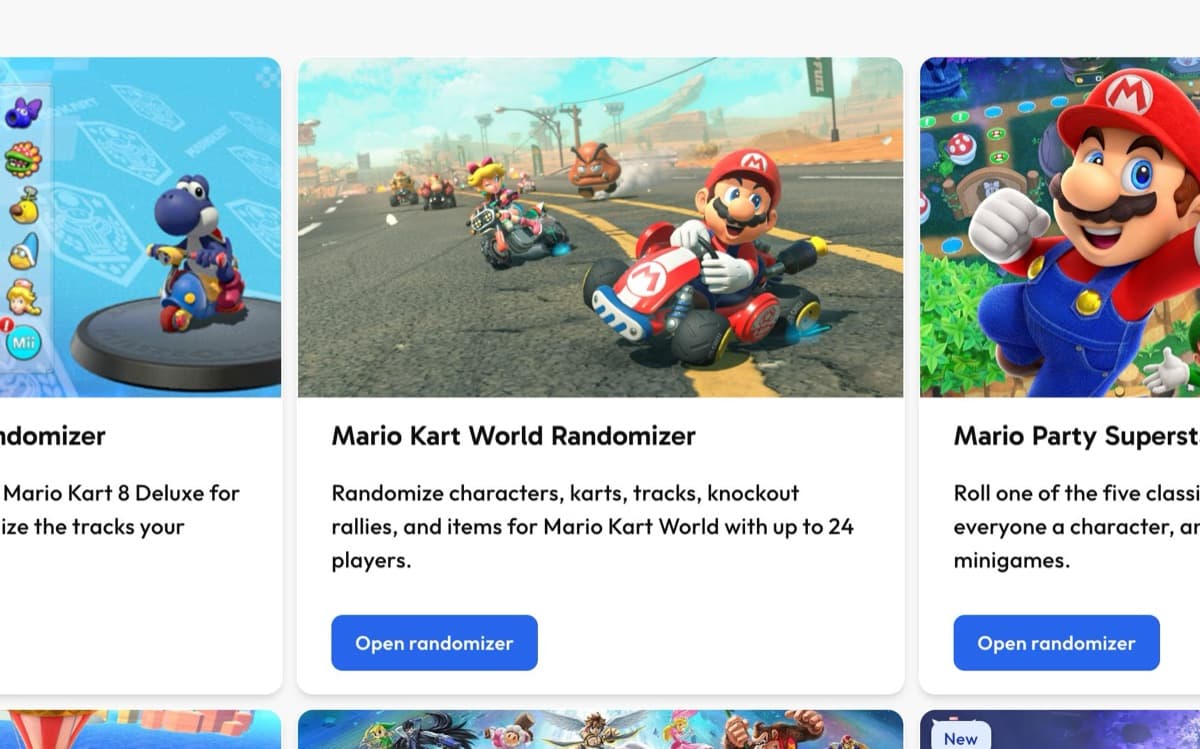 Randomizer cards for Mario Kart 8 Deluxe, Mario Kart World and Mario Party