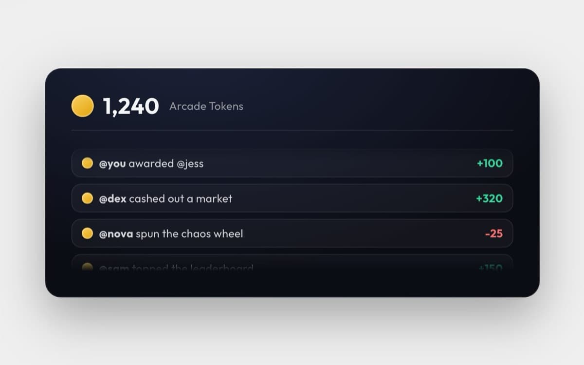 Arcade Tokens balance with a running list of earn and spend events