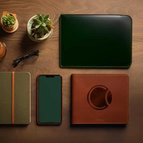 Notebook, iPhone, succulents, and wallet with the Consiglieri logo