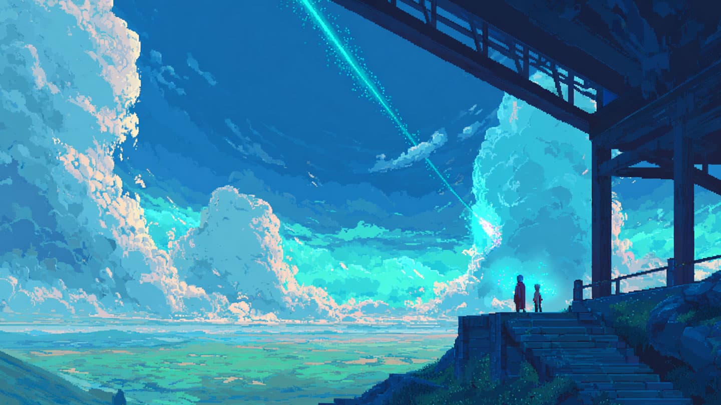 16-bit pixel art of two small figures on a platform looking out at a vast Pacific Northwest landscape with a glowing beam of light