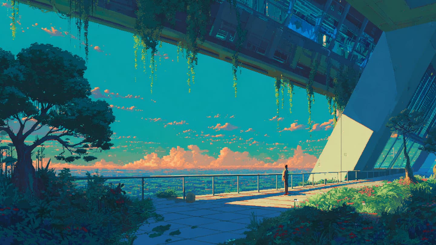 16-bit pixel art of a small figure overlooking a vast thriving world with modern architecture and lush vegetation